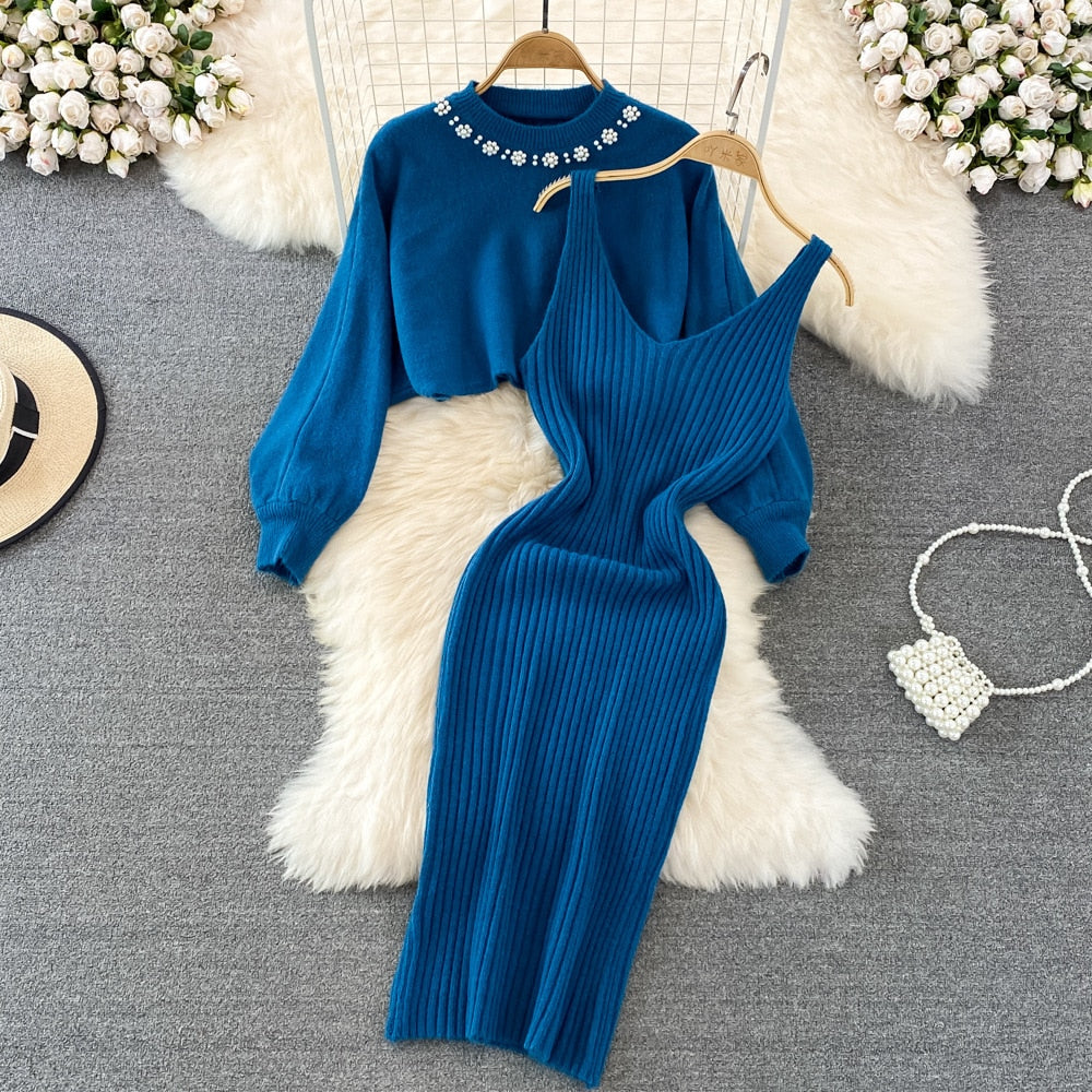 Levoire | Ensemble Confortable Élégant, Chaud & Stylé Bleu avec des perles