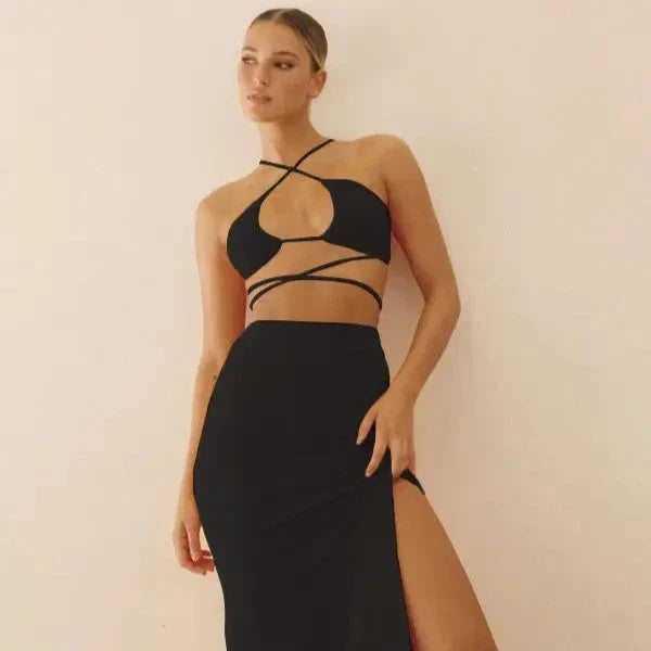 Levoire | Haut Co Ord À Encolure Halter Découpé Bandage Set Jupe noir