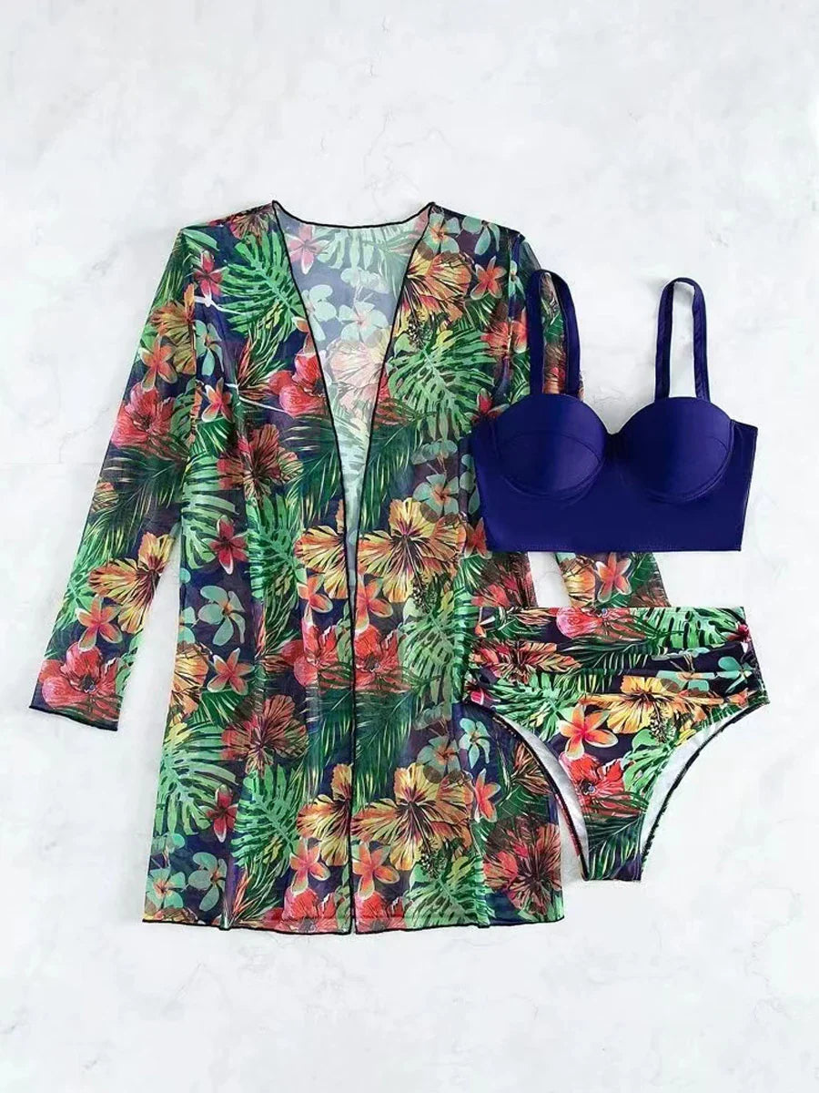 Levoire | Ensemble Bikini Trois Pièces Tropical Bleu Marine