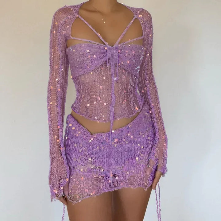 Levoire | Top Court À Manches Longues En Crochet À Sequins Et Ensemble Mini-Jupe Co-Ord Pour Un Look Glamour Lilas