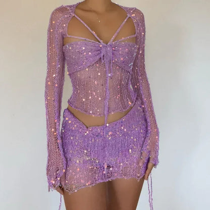 Levoire | Paillettes Crochet Tricot Manches Longues Crop Top Jupe Mini Coord Ensemble Lilas