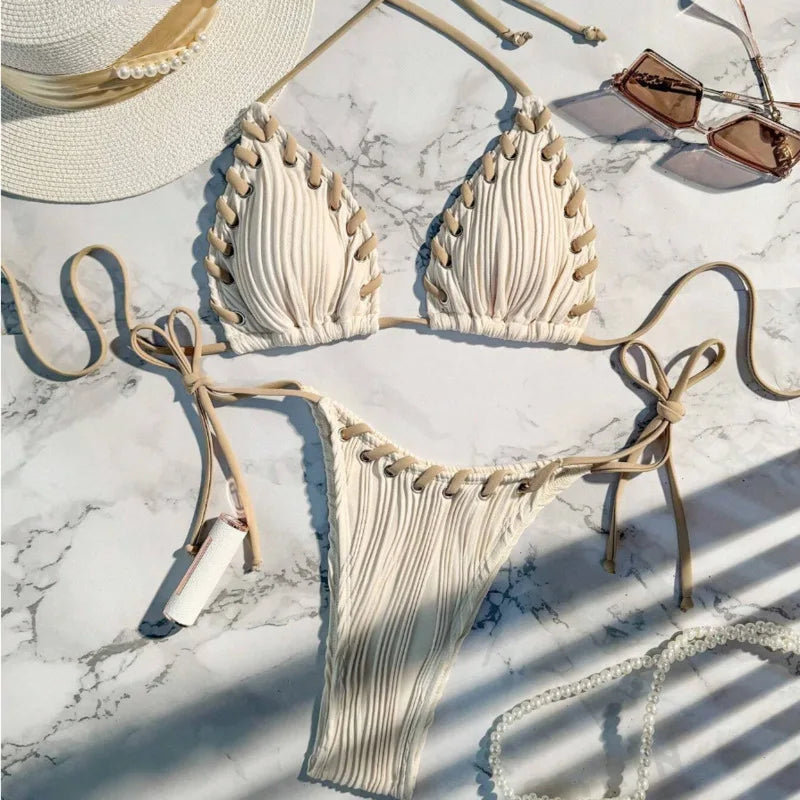 Levoire | Bikini Maillot De Bain Avec Cordons Décoratifs Beige