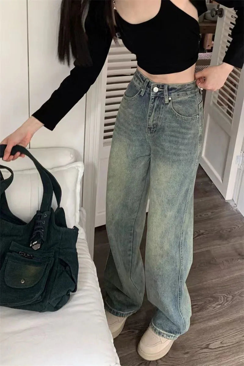 Levoire | Jean Taille Haute Décontractée Et Large Vin Vintage Avec Jambes Larges Pour Femmes