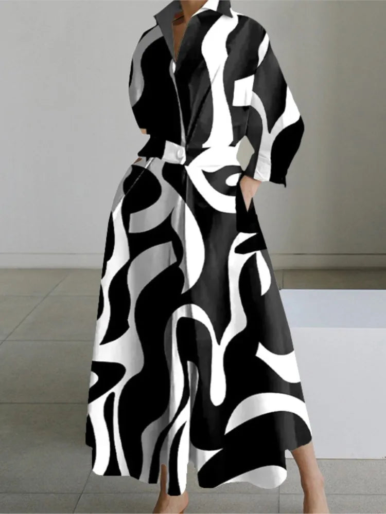 Levoire | Robe Chemise Longue Manches Longues, Imprime Abstrait, Femme Noir