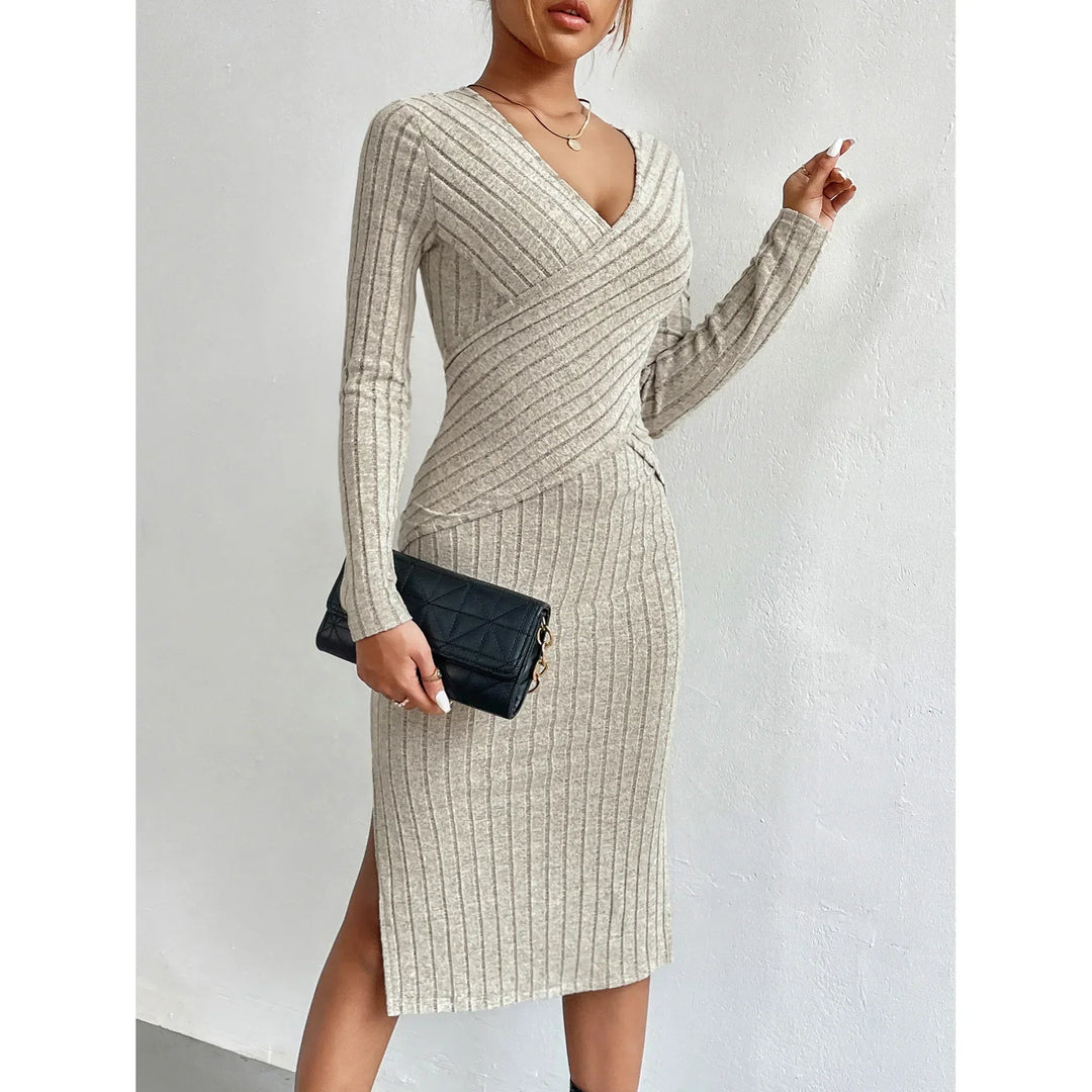 Levoire | Robe Portefeuille En Tricot À Côtes Élégante Gris
