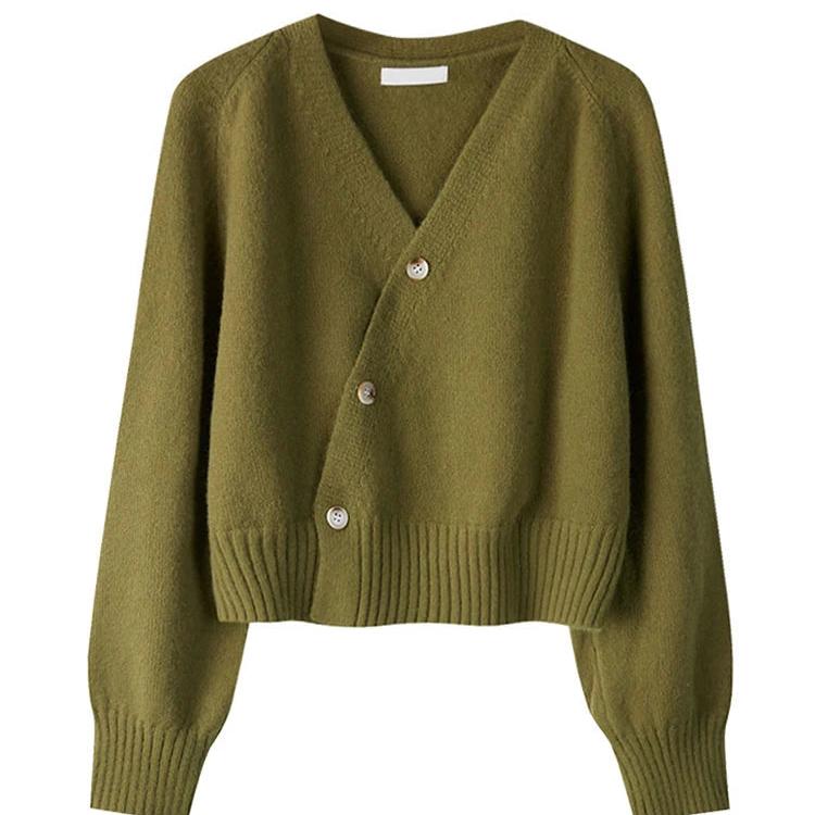 Levoire | Merino Laine Pull En Cachemire À Manches Longues V Col Avec Boutons Invisibles Vert Une taille