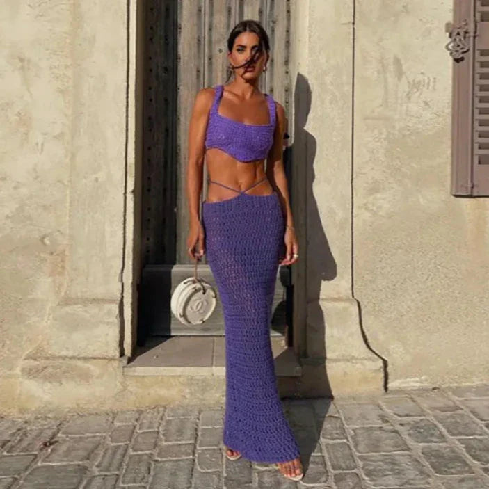 Levoire | Ensemble Crop Top Maxi Jupe Co Ord Tricoté Crochet Set