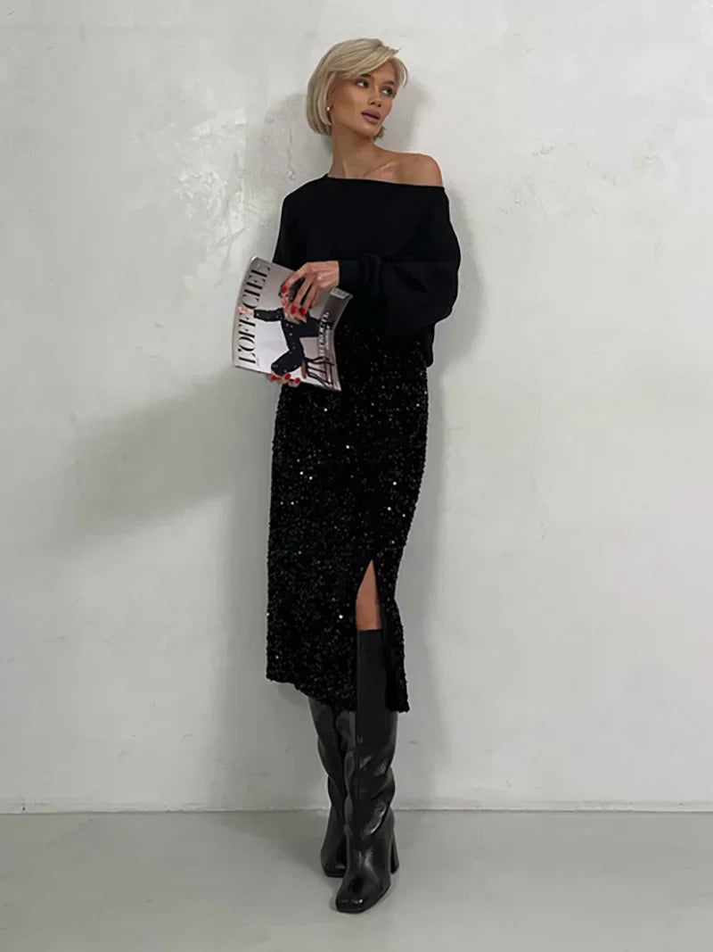 Levoire | Jupe Midi Moderne Tendance Pour Femmes Avec Décolleté Noir Taille unique