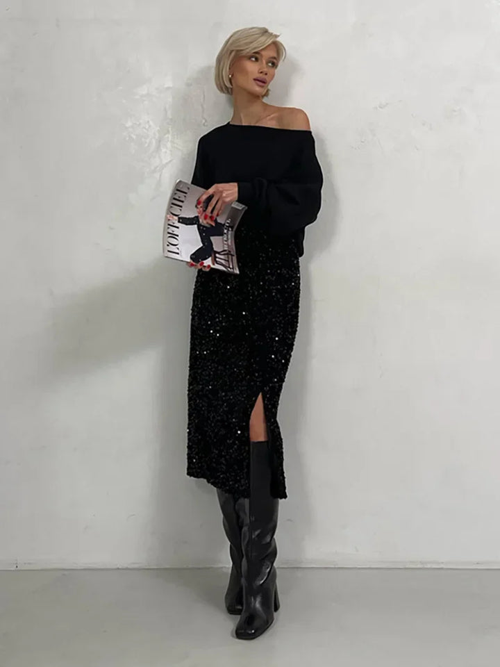 Levoire | Jupe Midi Moderne Tendance Pour Femmes Avec Décolleté Noir Taille unique