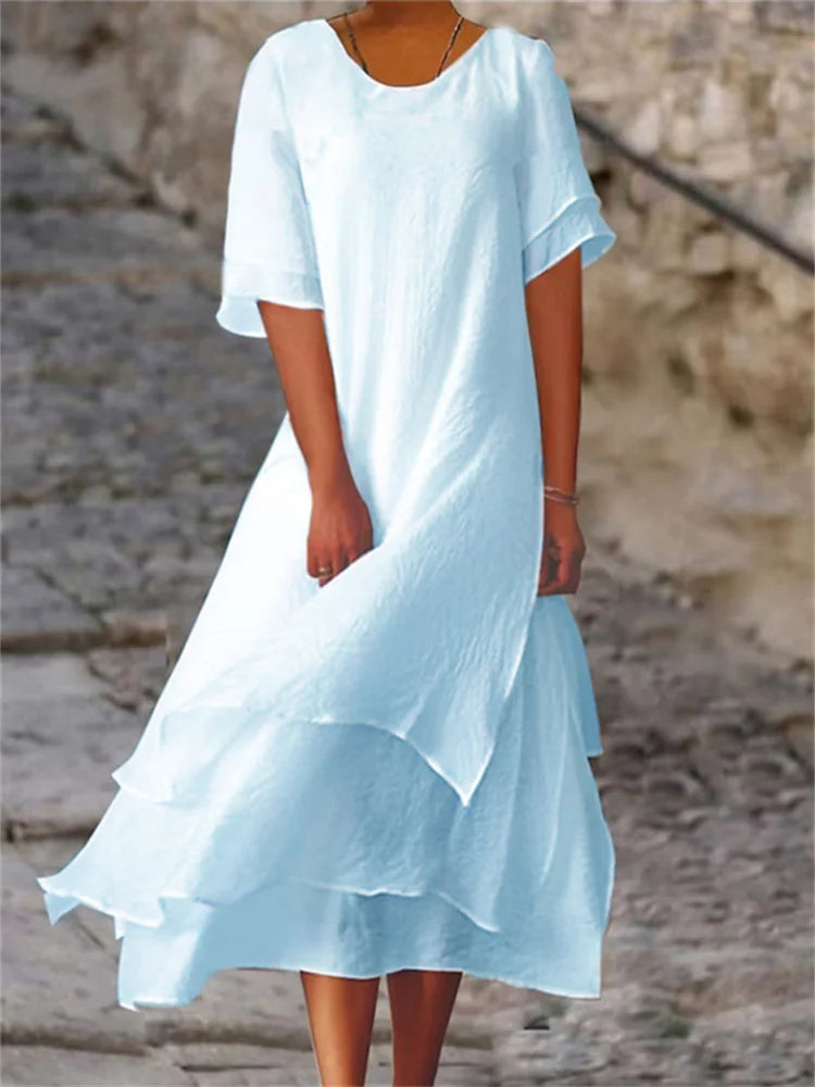 Levoire | Robe Courte À Manches Courtes À Double Couche Avec Encolure Ronde Bleu clair
