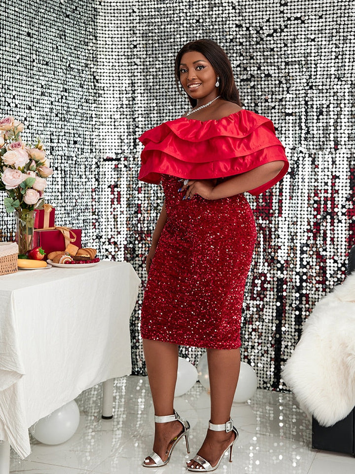 Levoire | Robe À Volants Pailletée Rouge À Épaules Dénudées