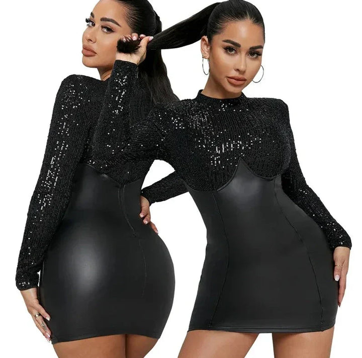 Levoire | Jupe En Pvc À Paillettes Taille Haute Robe Mini À Manches Longues