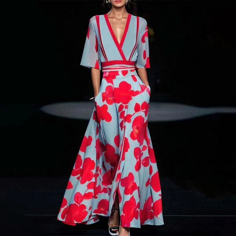 Levoire | Élégante Robe Fleurie Large BLEU ET ROUGE