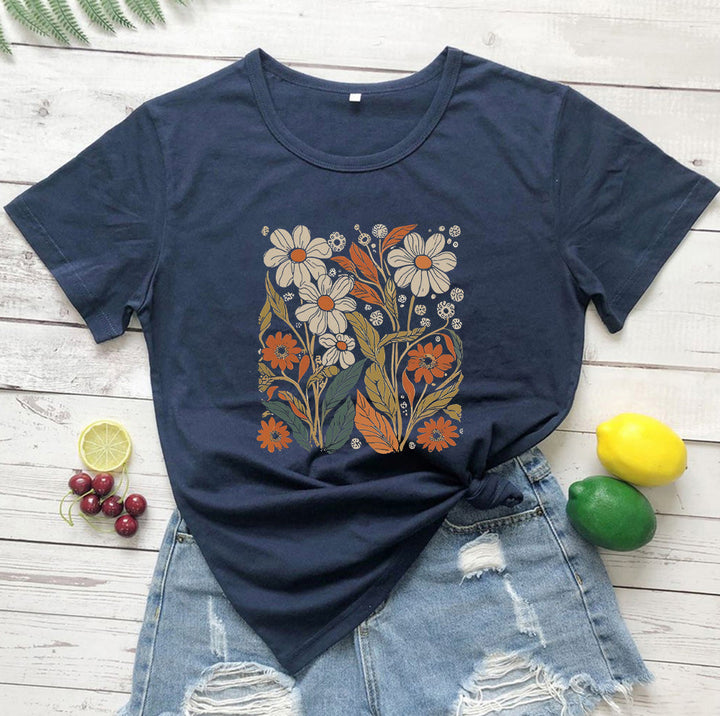 Levoire | Weinlese T-Shirt De Fleur Sauvage Pour Femmes Bleu foncé