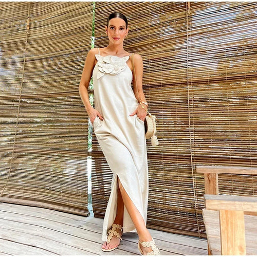 Levoire | Robe Maxi En Mélange De Lin Avec Décoration Florale, Fente Et Poches