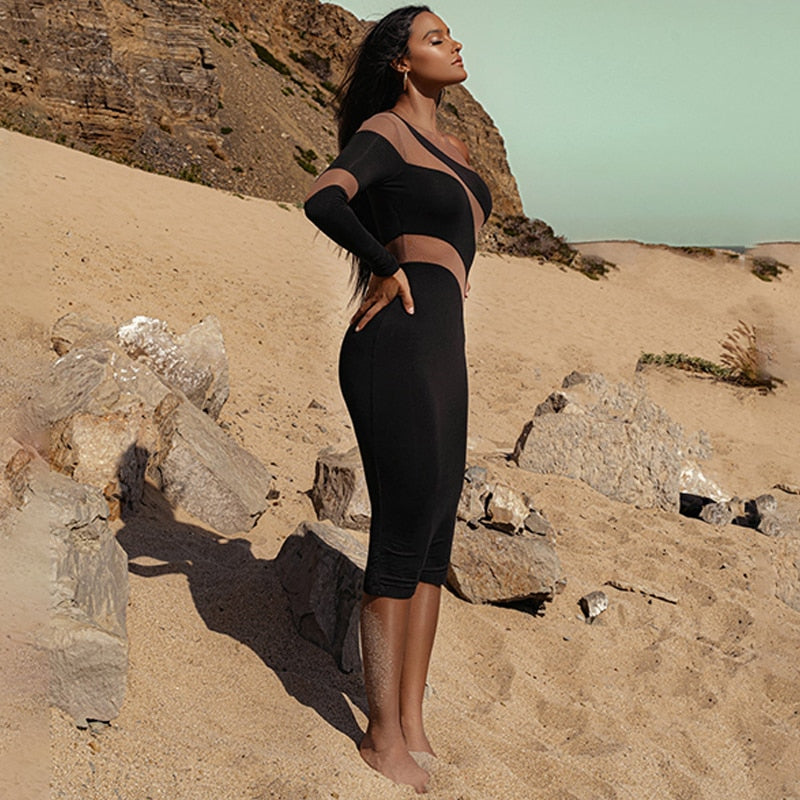 Levoire | Robe Midi Bodycon À Manches Longues En Mesh