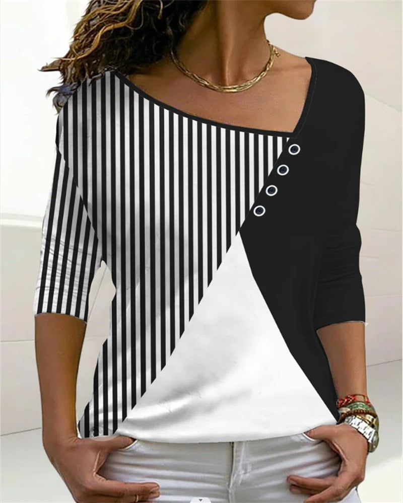Levoire | T-Shirt À Col En V Pour Femmes Noir et blanc
