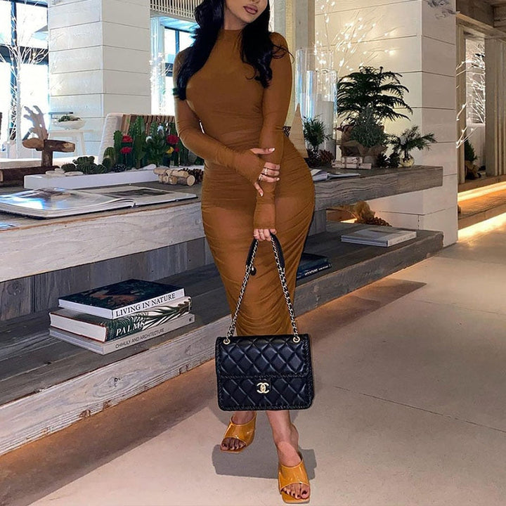 Levoire | Brun Manches Longues-Mesh-Transparent-Midi-Robe Lumière brune