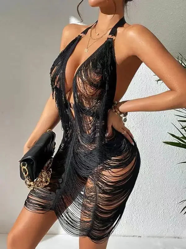Levoire | Quasten Décolleté Profond V-Robe Sans Manches Noir