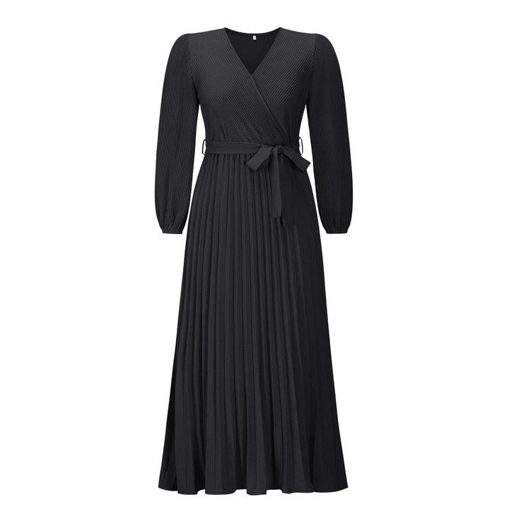 Levoire | Robe Maxi Plissée D'Été À Col V Design Grand Zoom Élégant Noir