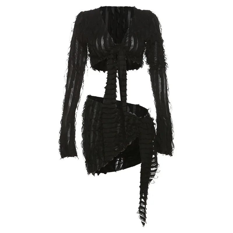 Levoire | Y2K Manches Longues Robe À Nœud Devant Coord Set Noir