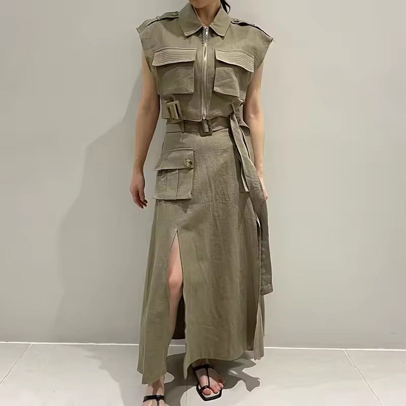 Levoire | Robe À Taille Haute Élégante Avec Des Détails De Cardigan Khaki Une taille