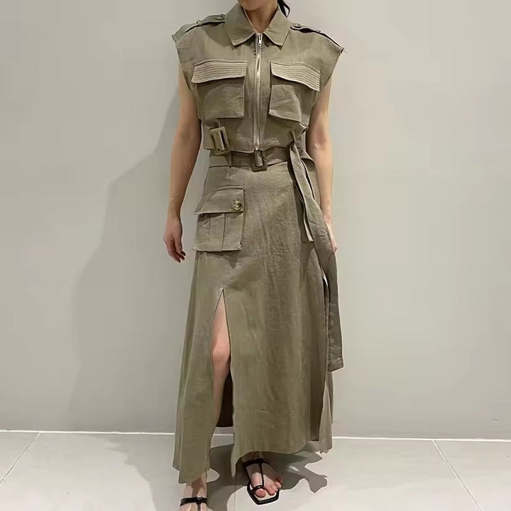 Levoire | Robe À Taille Haute Élégante Avec Des Détails De Cardigan Khaki Une taille