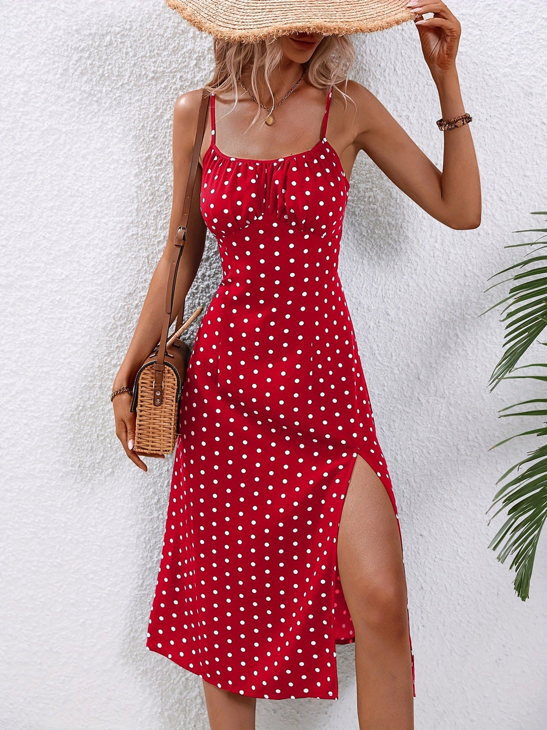 Levoire | Robe Midi À Pois Avec Fente Élégante
