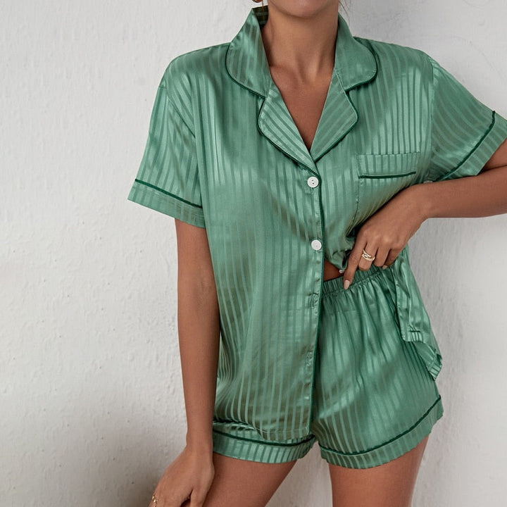 Levoire | Manches Courtes Short Pyjama Ensemble Femmes Mode De Sommeil Vert (Rayé)
