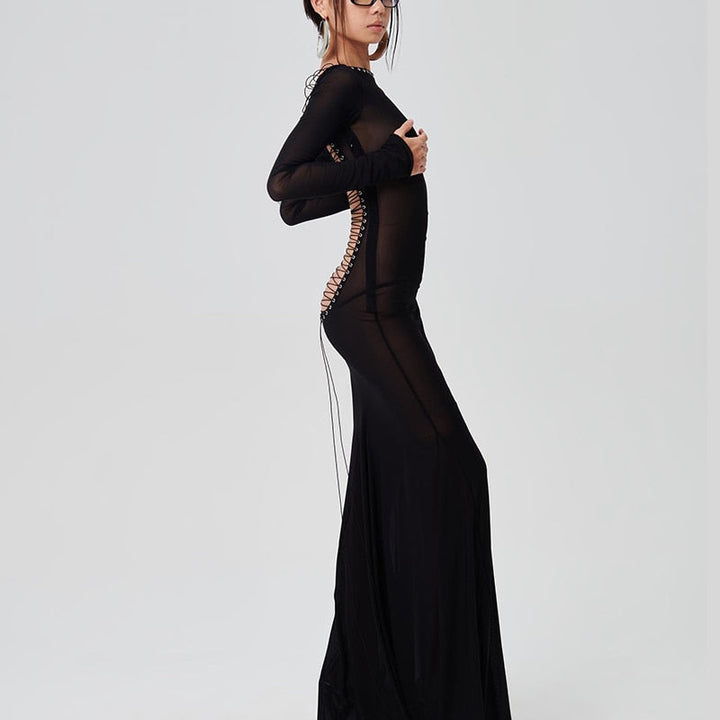 Levoire | Mesh Noir Manches Longues Dos Nu Transparent