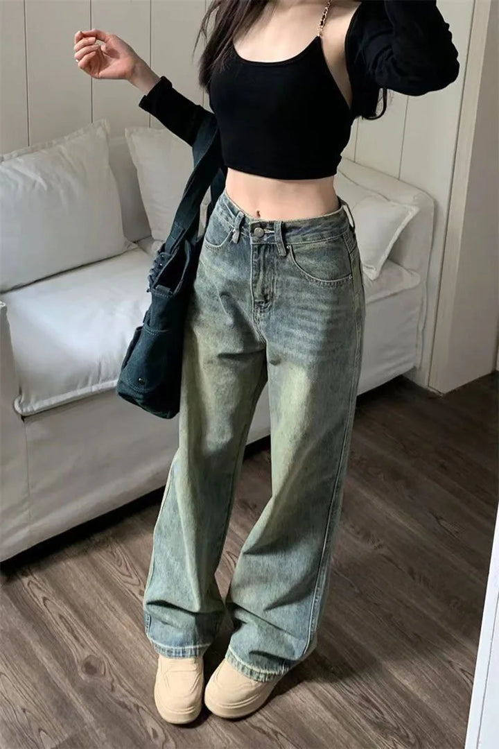 Levoire | Jean Taille Haute Décontractée Et Large Vin Vintage Avec Jambes Larges Pour Femmes