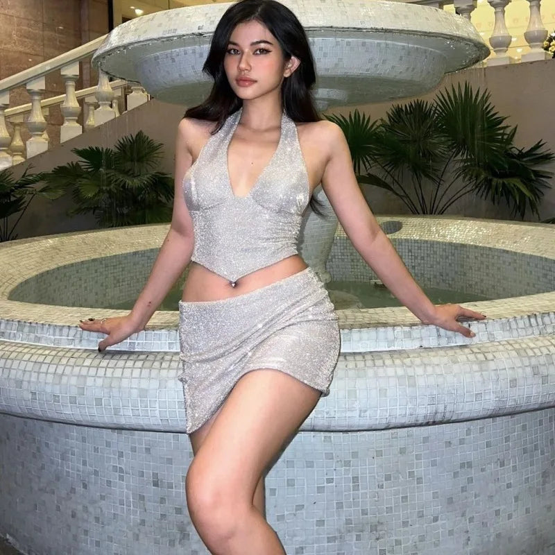 Levoire | Top Court Dos Nu À Paillettes Et Ensemble De Mini Jupe