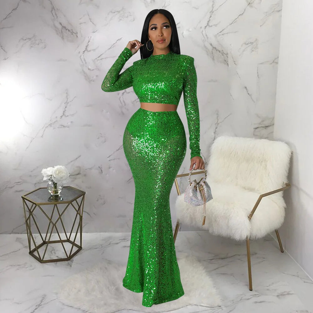 Levoire | Crop Top À Col Rond Pailleté & Ensemble Jupe Maxi