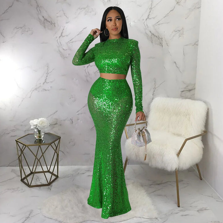 Levoire | Crop Top À Col Rond Pailleté & Ensemble Jupe Maxi