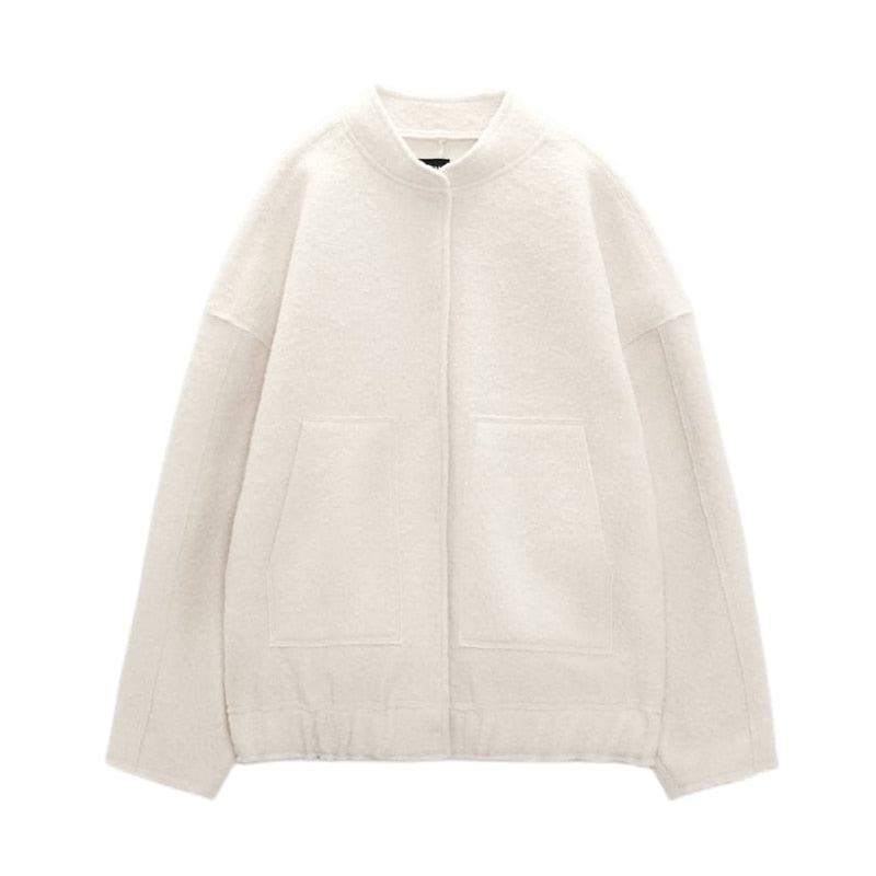 Levoire | Grande Veste En Laine Avec Encolure Ronde Et Bouton Beige