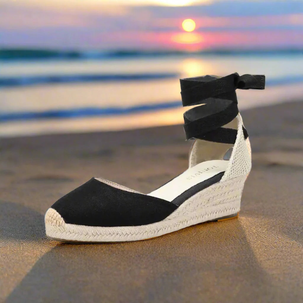Levoire | Sandales À Talon Compensé Pour Femmes Confortables À Lacets Pour L'Été Noir