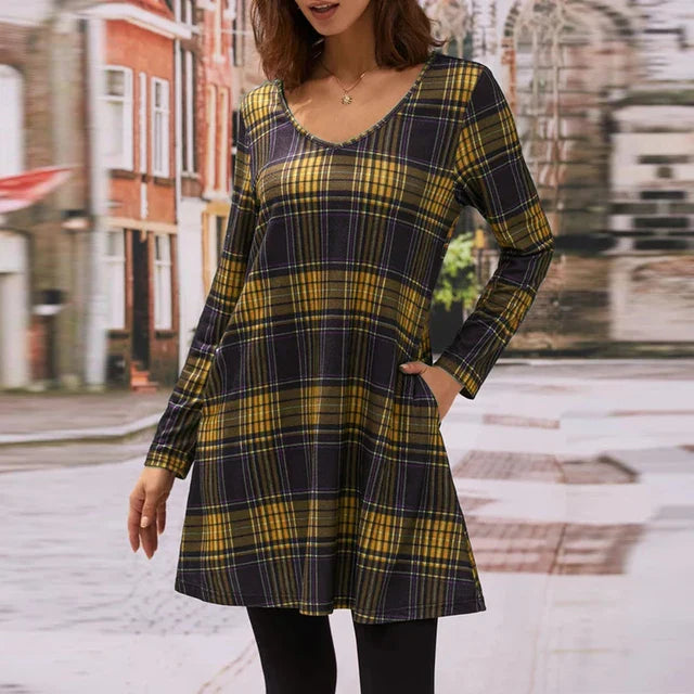 Levoire | Robe à manches longues à encolure en V à motif à carreaux Jaune