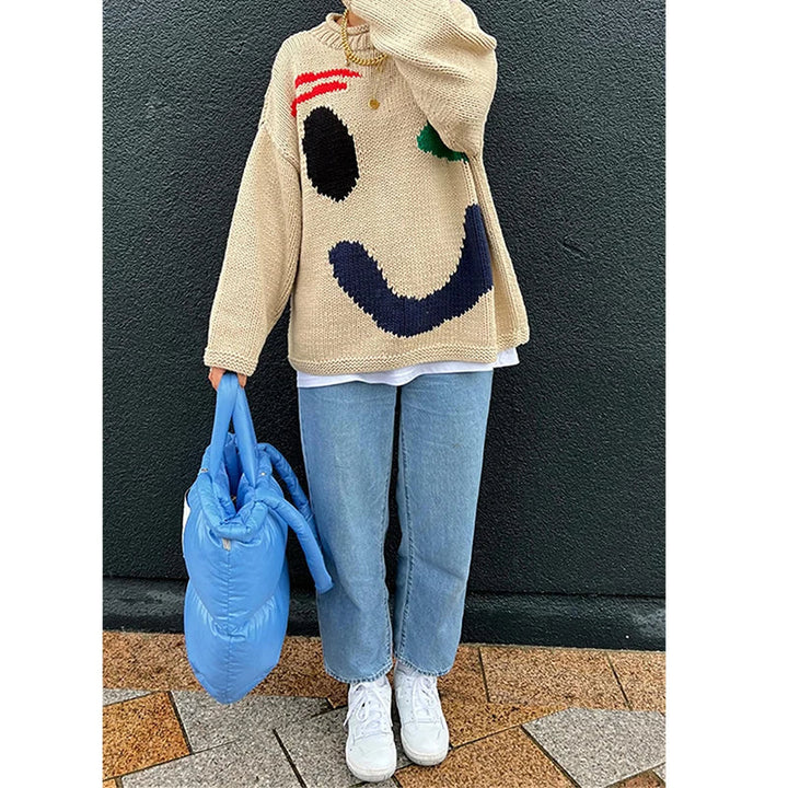 Levoire | Pull Pour Femmes Avec Design De Visage Souriant Parfait Pour Un Look Décontracté Beige