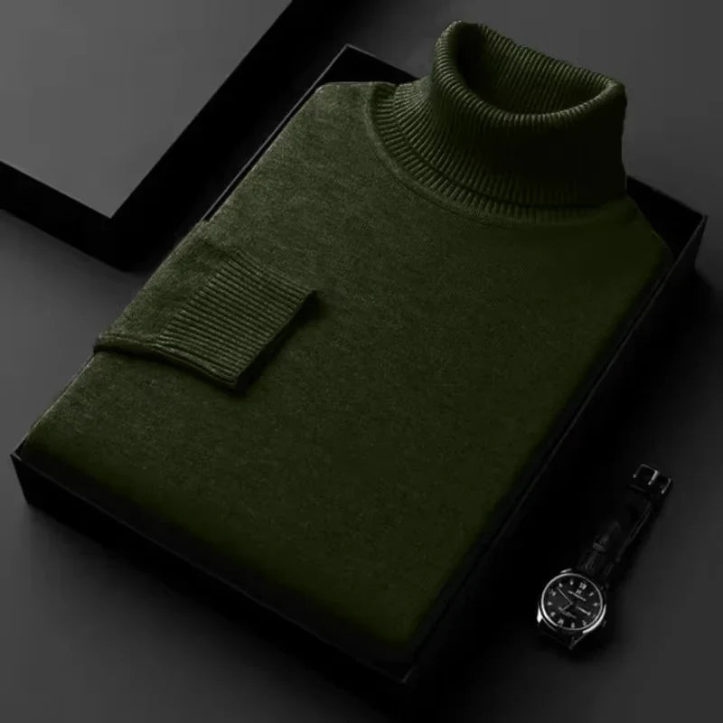 Levoire | Pull Col Roulé Homme Slim Fit – Antiboulochage Vert Armée