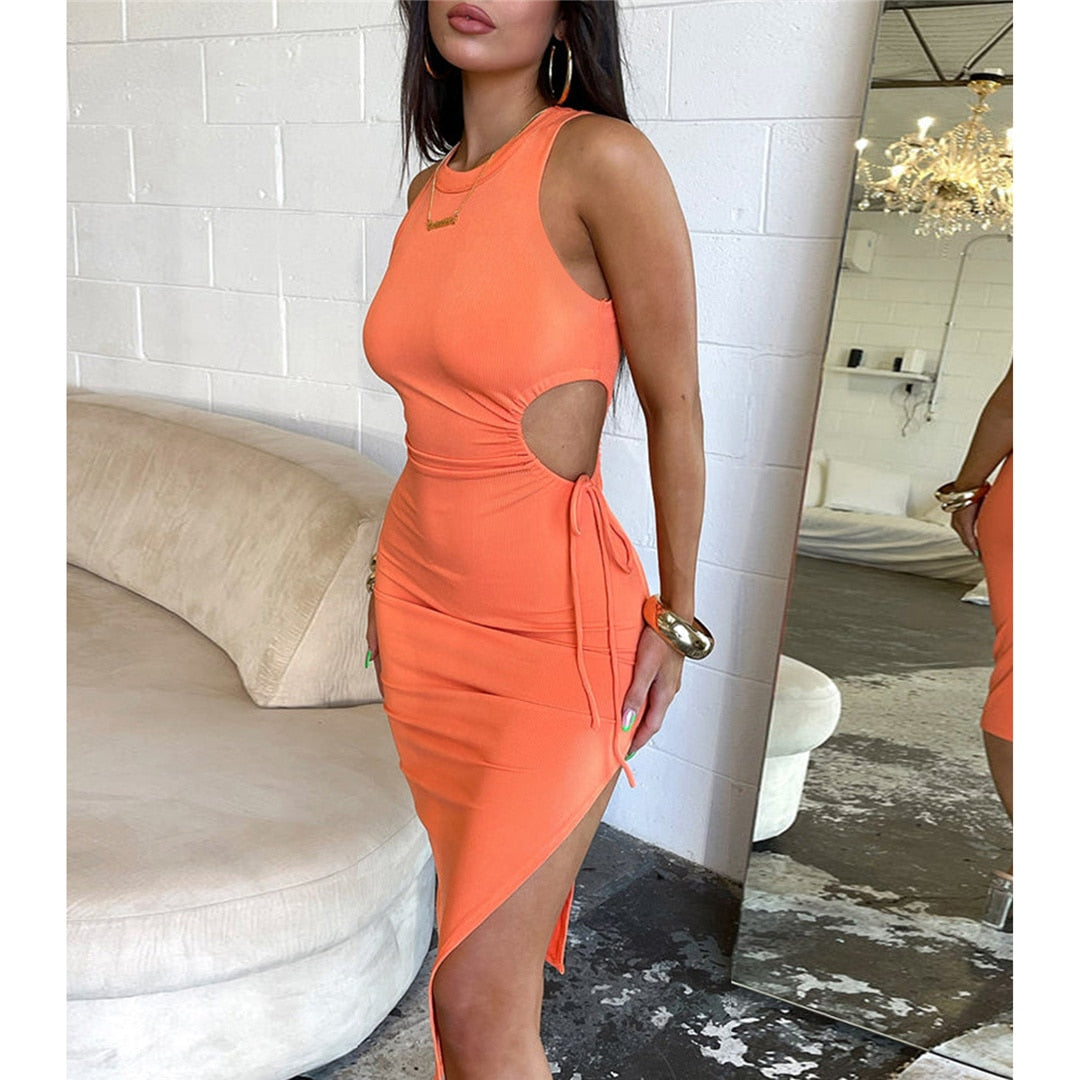 Levoire | Orange Round Neck Dress With Slit Mini Dress