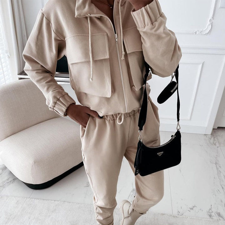 Levoire | Ensembles Cargo Pour Femmes Sweat À Capuche Avec Fermeture Éclair & Pantalons Beige