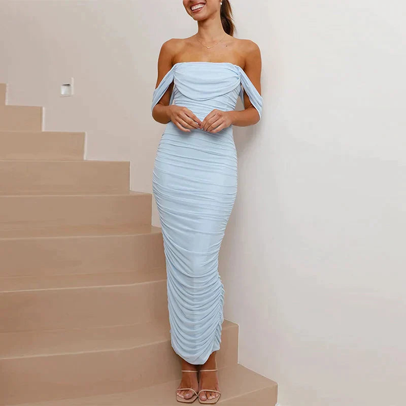 Levoire | Robe Maxi Sans Épaules Avec Superposition En Tulle À Volants Bleu