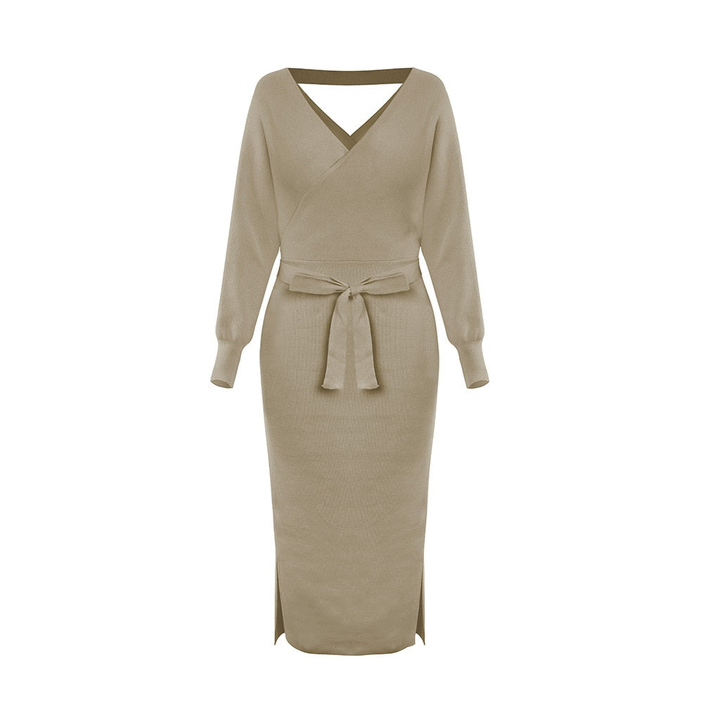 Levoire | Robe Tricotée Col V Slim Beige