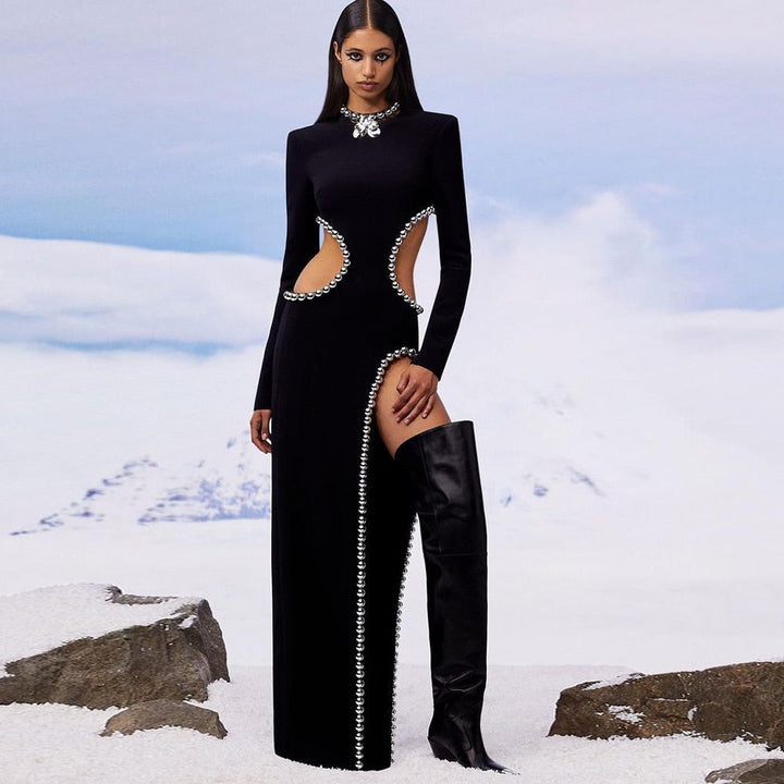 Levoire | Noir O-Top Découpe Perle Décoré Robe Longue Noir
