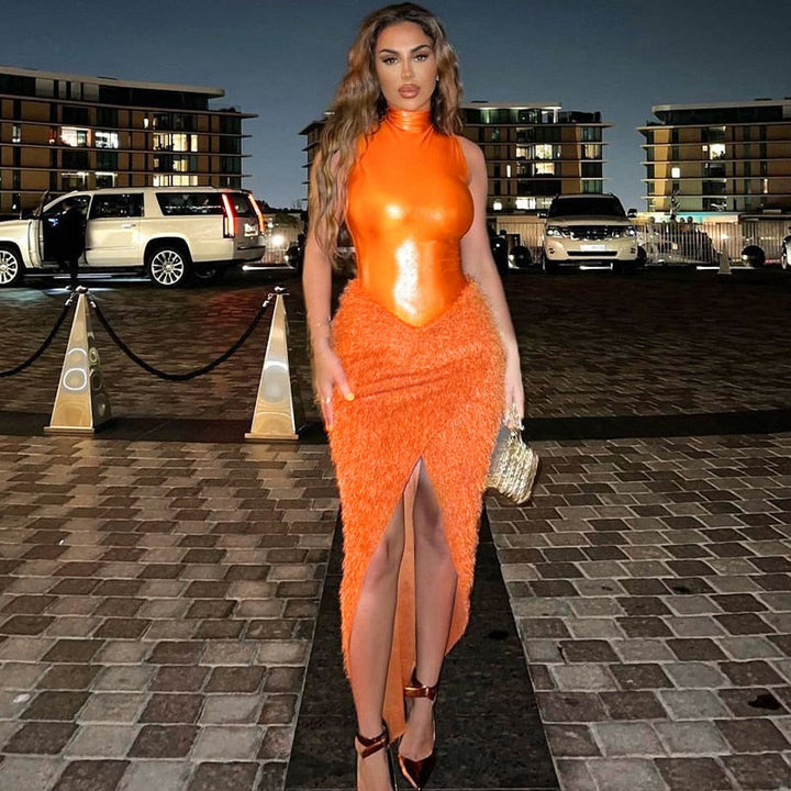 Levoire | Body Métallisé & Ensemble Jupe Midi En Velours Orange