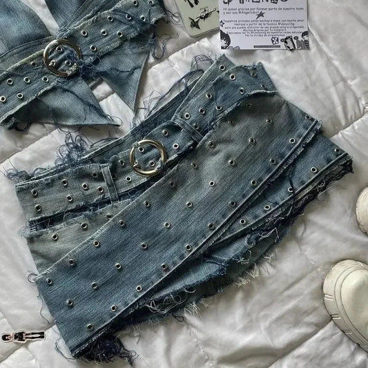 Levoire | Style Vintage En Denim Deux Pièces À Boucles, Top Croisé Co-Ord jupe en jean