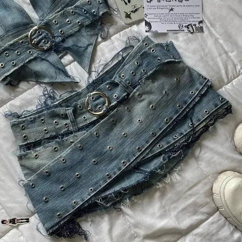 Levoire | Style Vintage En Denim Deux Pièces À Boucles, Top Croisé Co-Ord