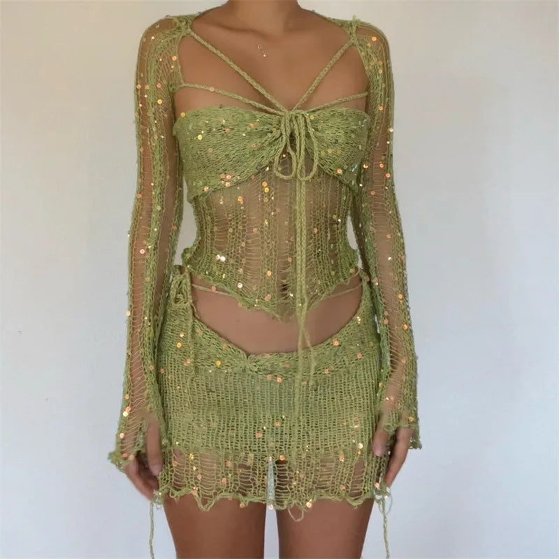 Levoire | Top Court À Manches Longues En Crochet Pailleté Et Jupe Moulante Mini Ensemble À Deux Pièces Vert