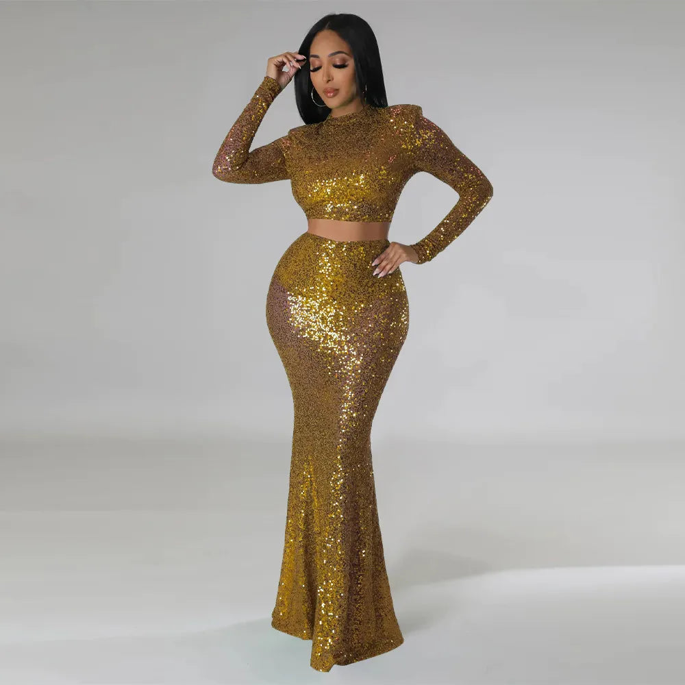 Levoire | Crop Top À Col Rond Pailleté & Ensemble Jupe Maxi