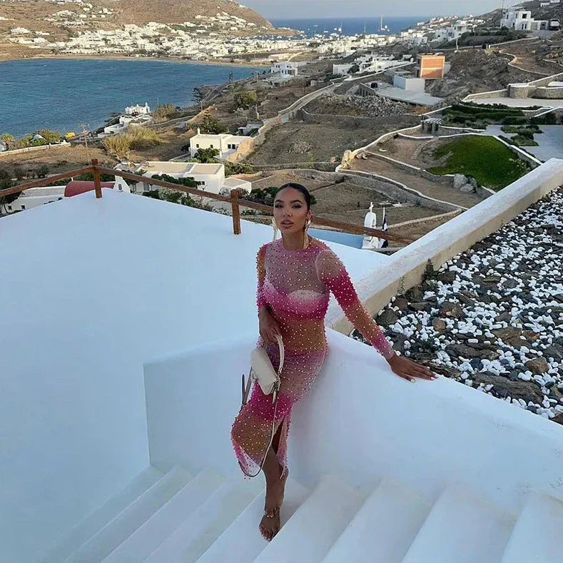 Levoire | Robe Longue À Manches Longues En Perle Filet Rose